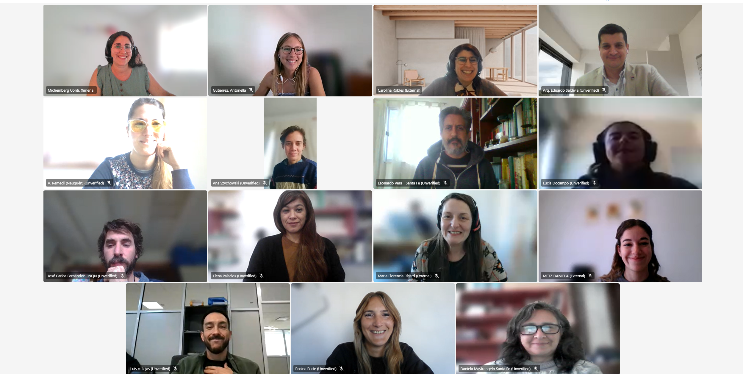 Cuadrícula de 16 personas en una videollamada, sonriendo y conversando, desde distintos lugares.