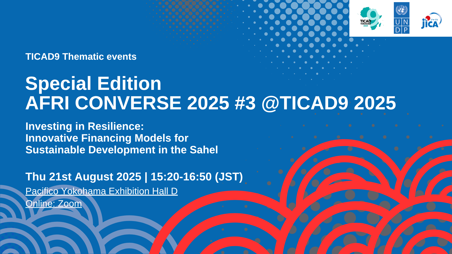 Banner promoting the AFRI CONVERSE 2025 event at TICAD9 with dates and topics outlined.