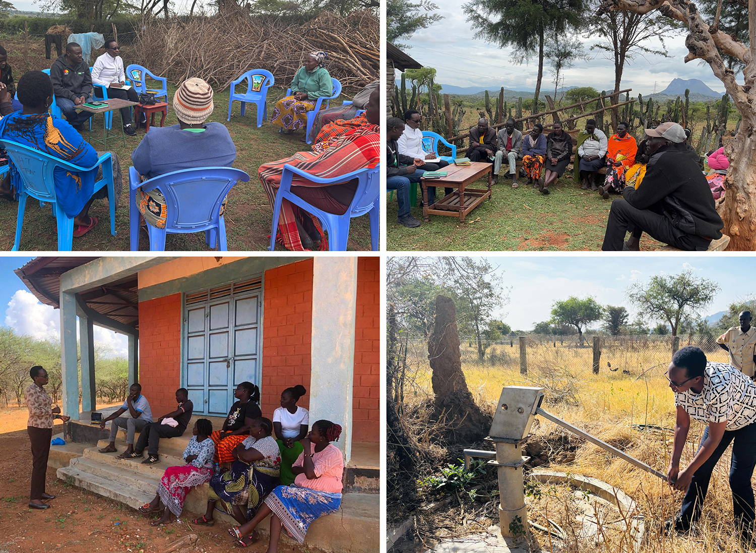 Collage of community meetings and agricultural activities in rural settings.