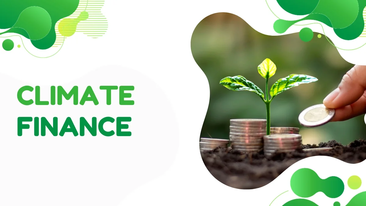 A hand places a coin next to young plants growing from stacked coins. Green elements surround the text "CLIMATE FINANCE."