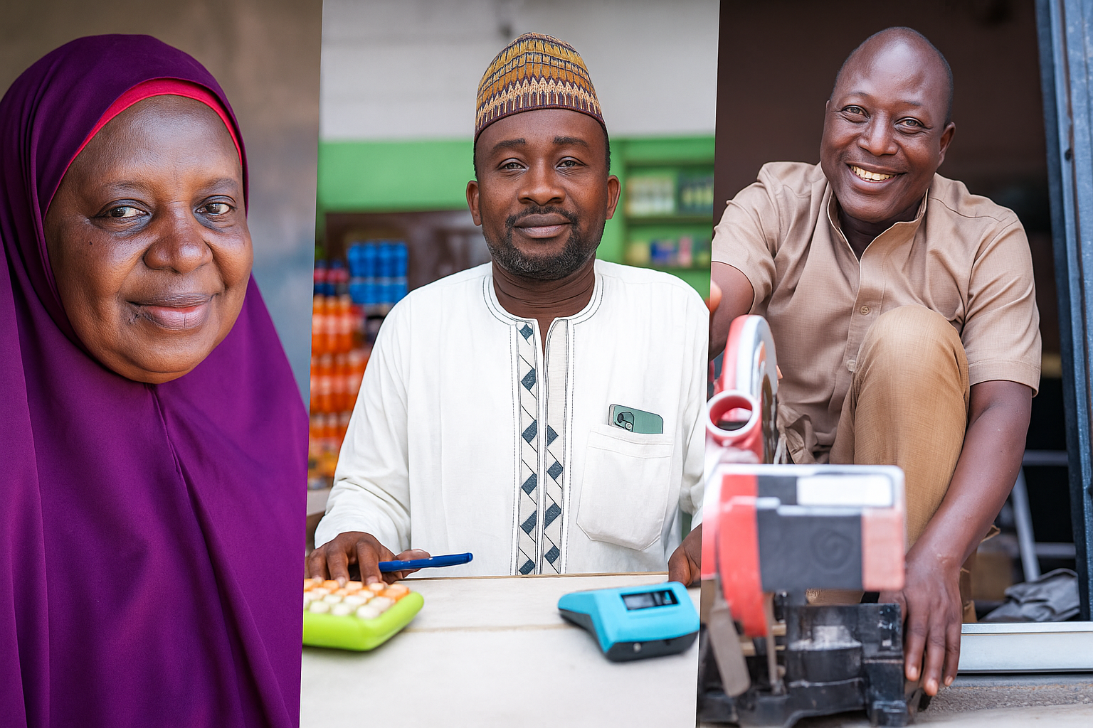Three individuals smiling: a woman in a purple hijab, a man in a traditional outfit, and a man with a machine.