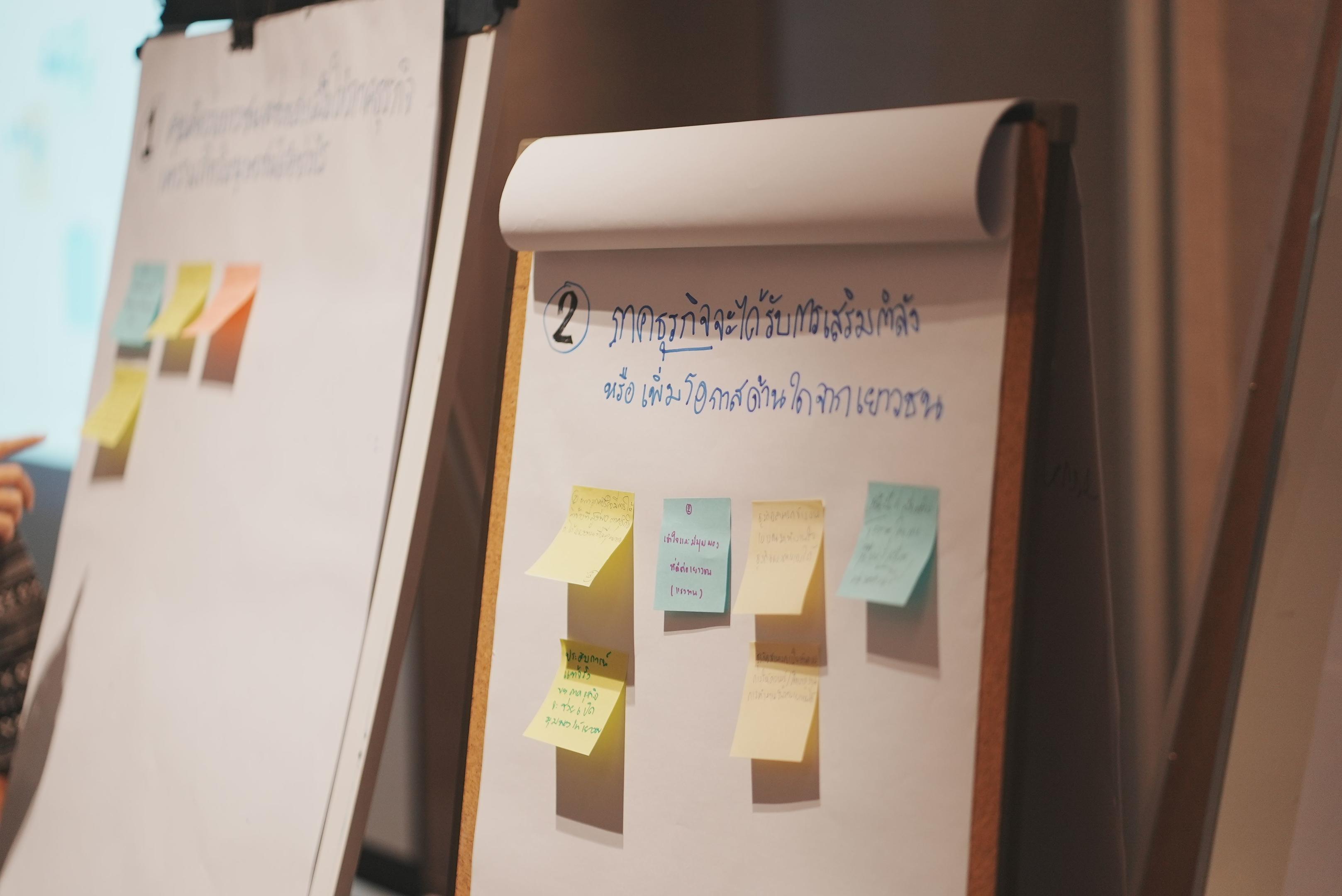 Close-up of two flip charts with colorful sticky notes, one handwritten title visible.