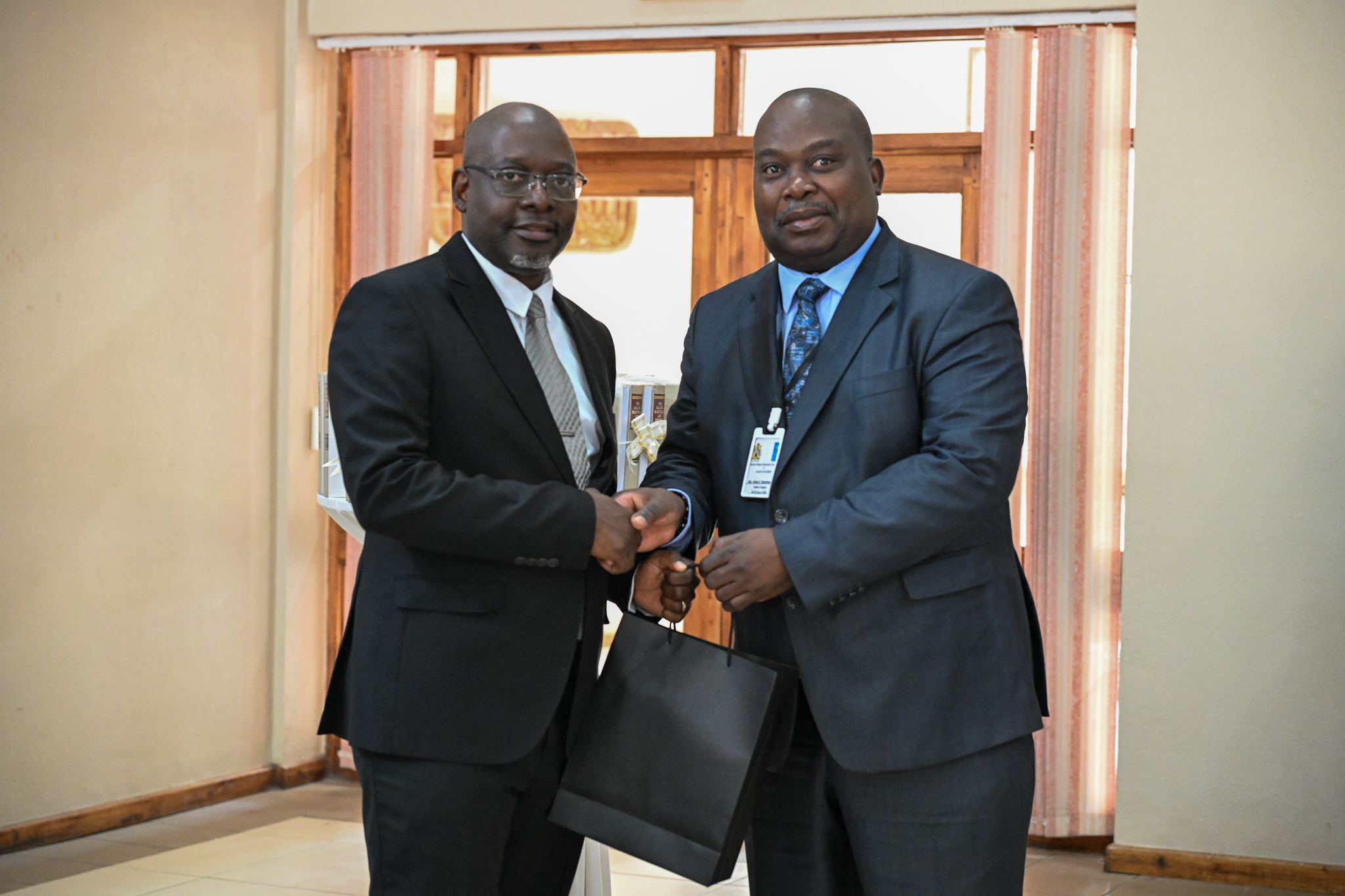 Two men in suits shake hands, smiling, in a well-lit office setting.