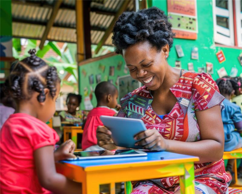A smiling woman and a child interact with a tablet at a colorful classroom filled with children.