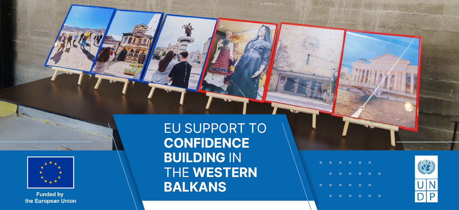 Five framed photographs showcasing various scenes from the Western Balkans with a blue banner.