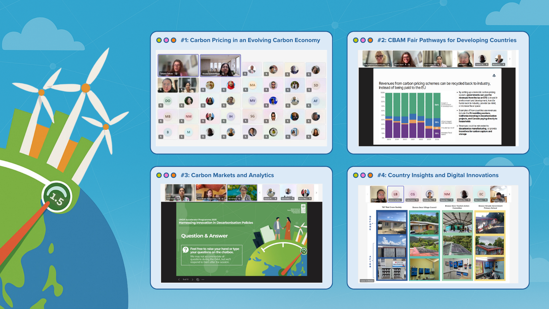 A collage of four screenshots showing the four sessions of the Accelerator Programme in progress.