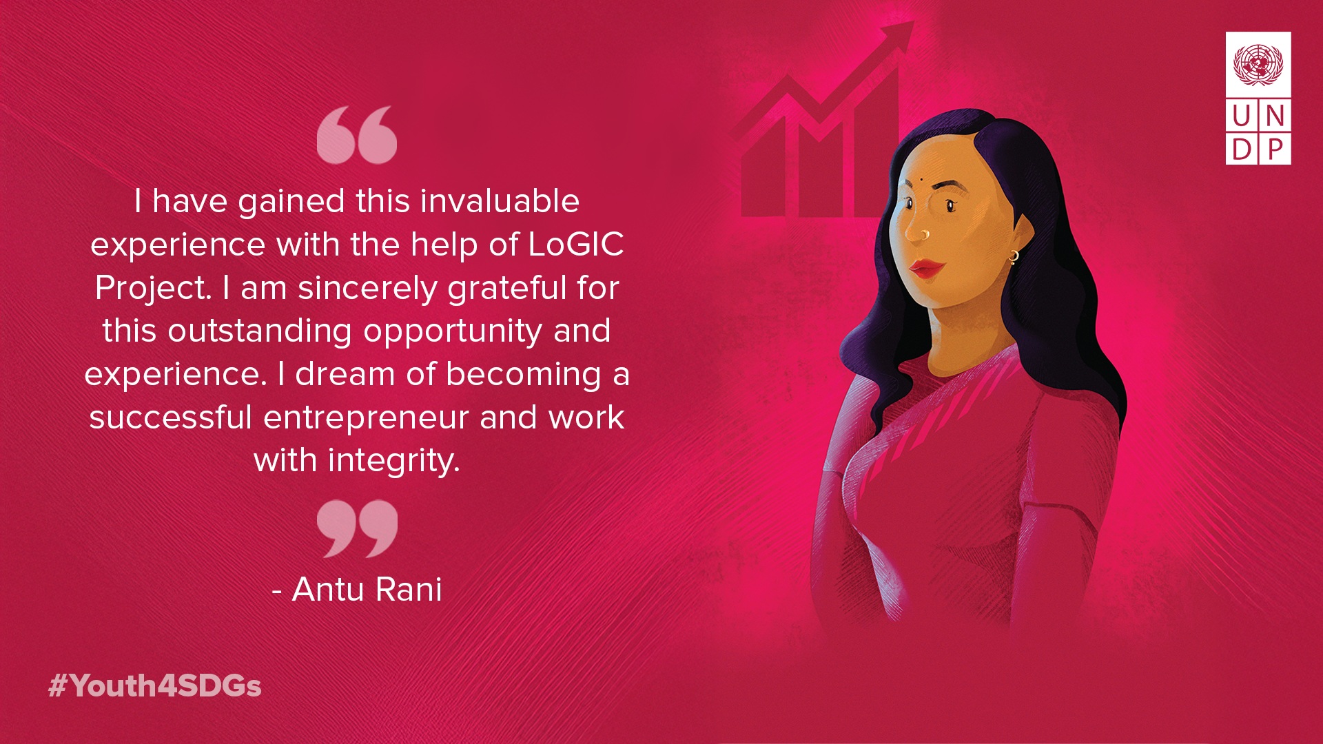 A woman with long dark hair in a pink outfit, beside a quote about entrepreneurship.
