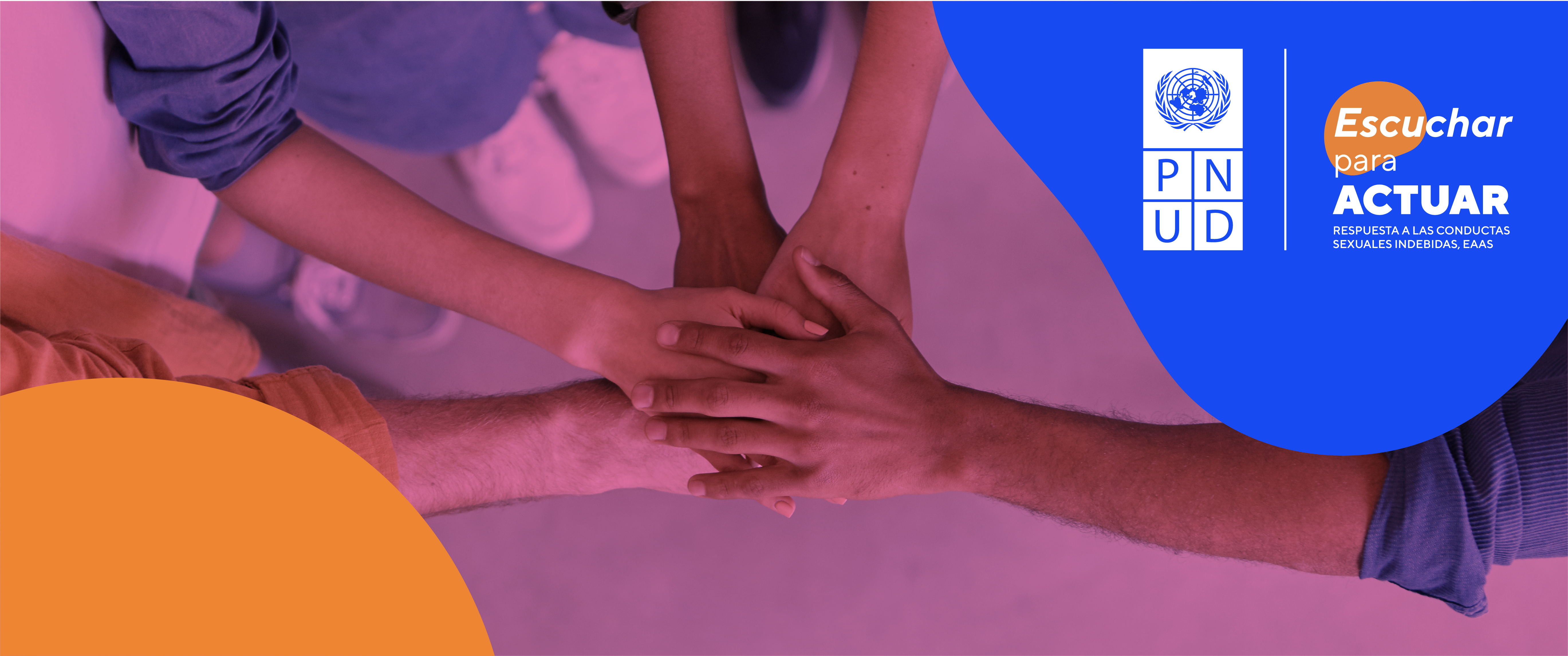 Several hands stacking together on a colorful background, symbolizing teamwork and unity.