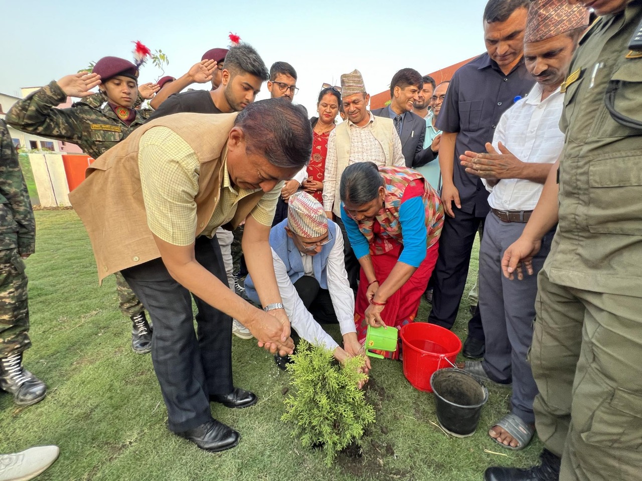 A group of people planting a small tree together in a green outdoor setting.