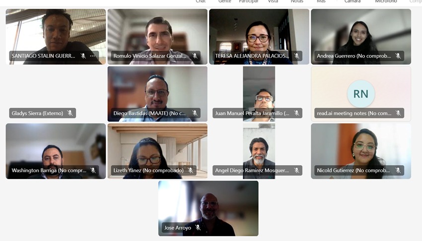 Virtual meeting grid with multiple participants, some smiling, in varying sized video boxes.