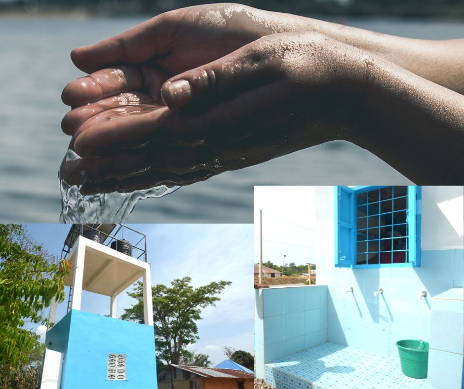 Collage: hands cupping water, blue houses by water, blue-tiled pool with a green bucket.