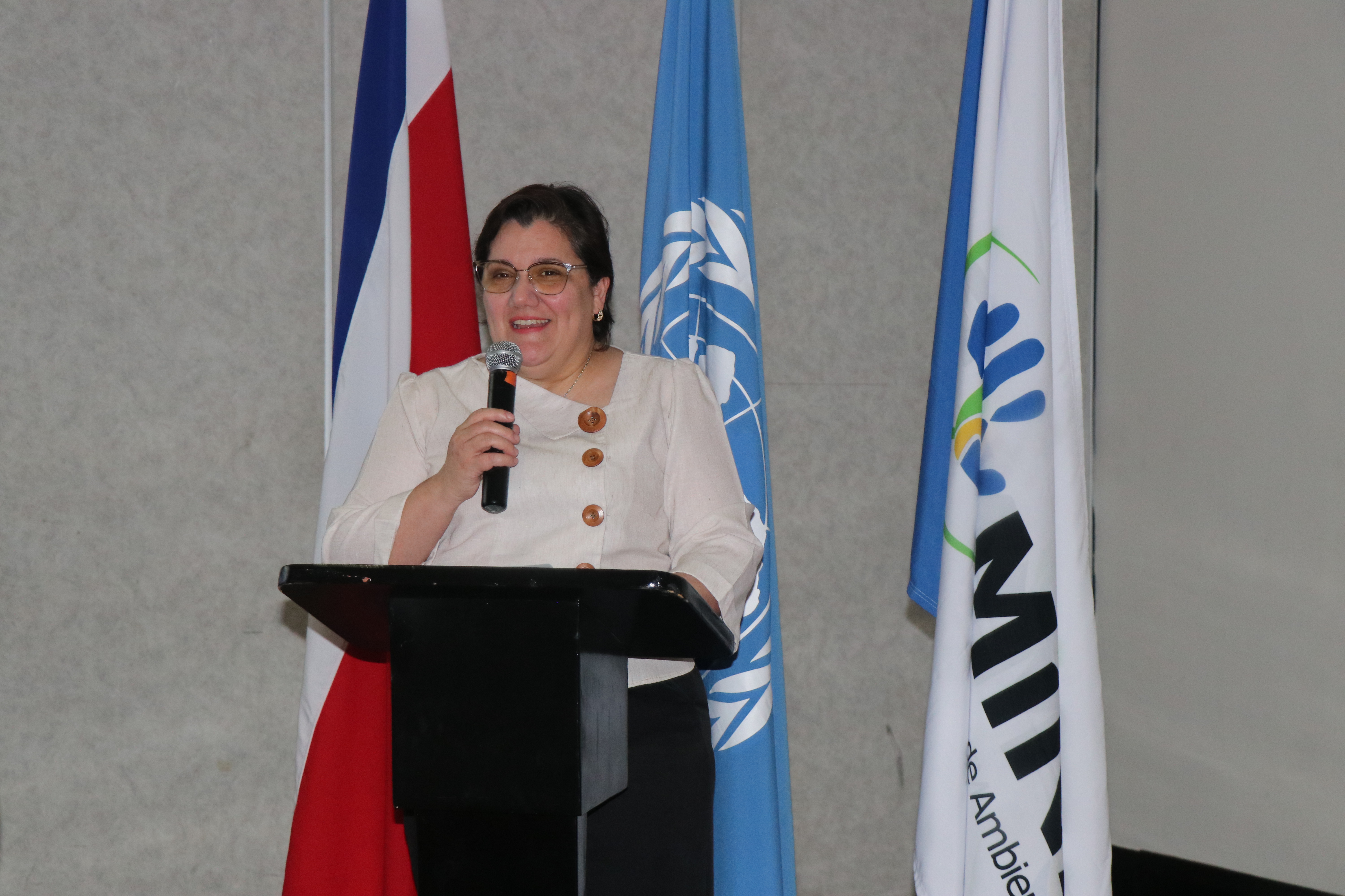 A woman speaks at a podium, flanked by flags, including the UN flag.