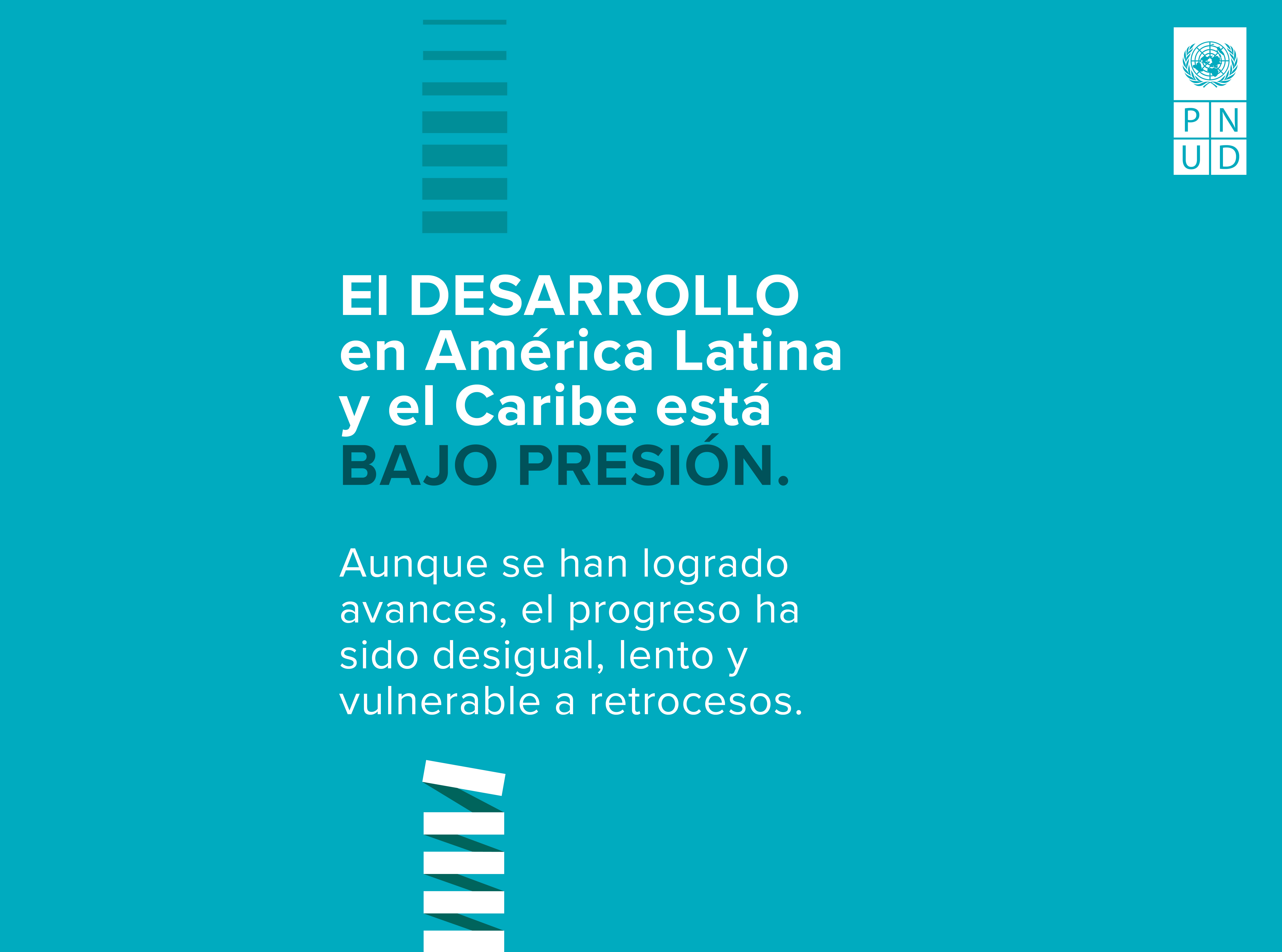 Turquoise poster with vertical white stripes; bold Spanish text about development under pressure.