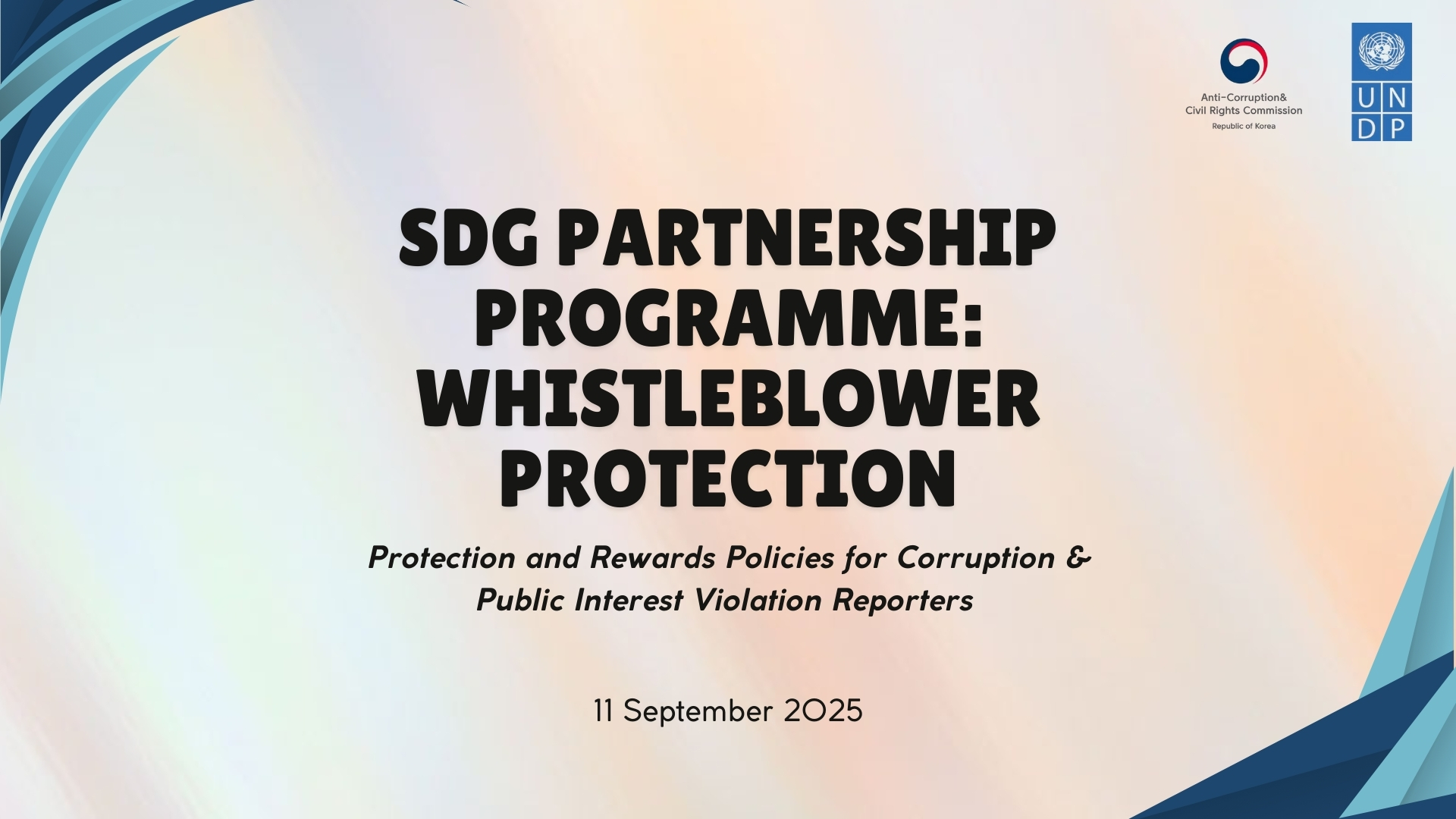 Presentation slide: SDG Partnership Programme – Whistleblower Protection, Sept 11, 2025, with logos and QR code.