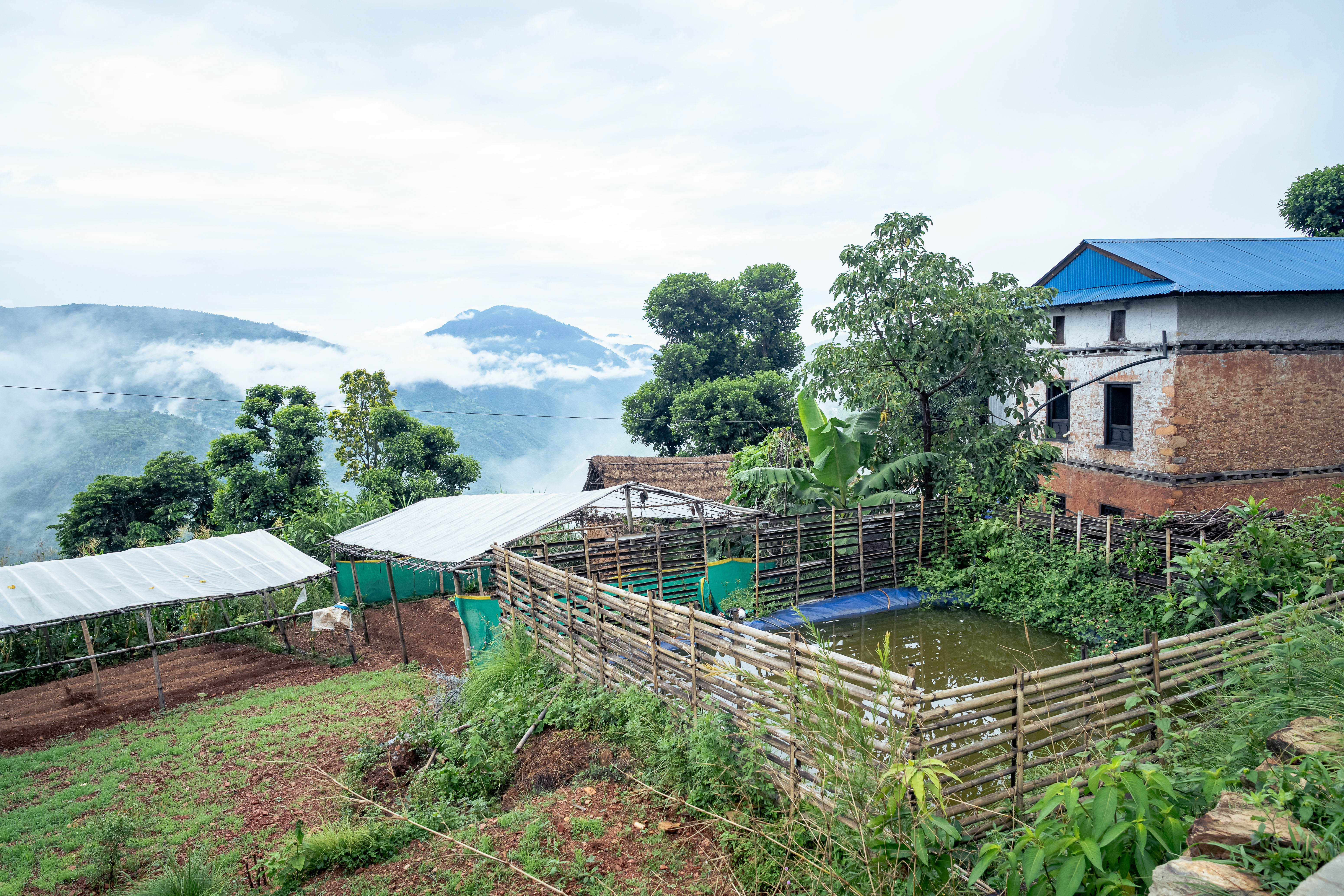 Scenic view of a farm with a house, ponds, and lush greenery under cloudy skies.