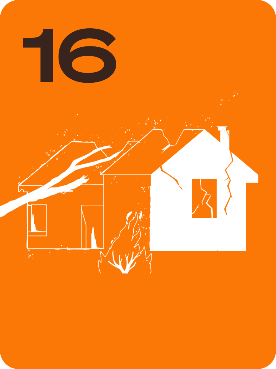 Orange square graphic with a white line drawing of a house and tree; bold 16 in the top-left.
