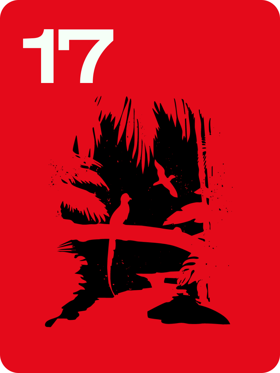 Red square with white 17 at top left and a black silhouette of clawed hands reaching upward.