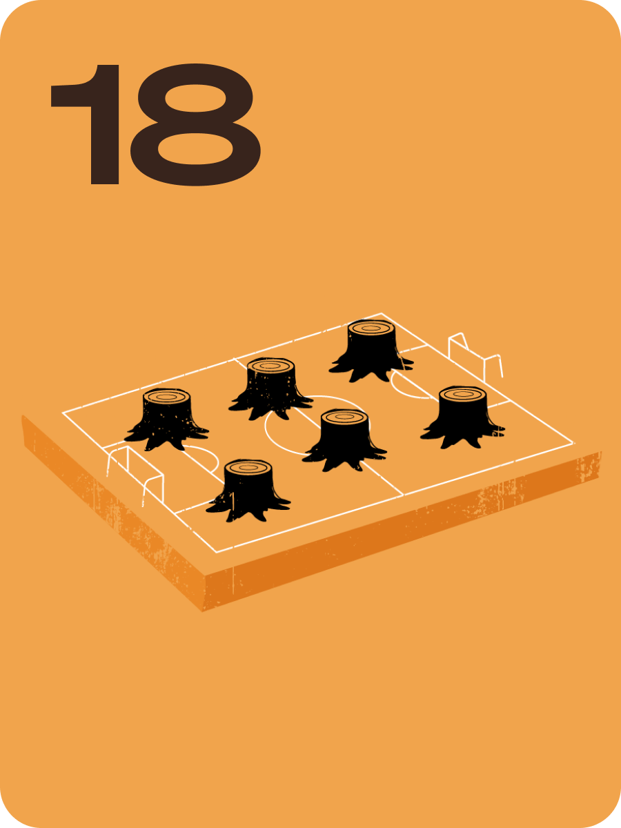 Orange card featuring a small board with six black game tokens; 18 in the top-left.