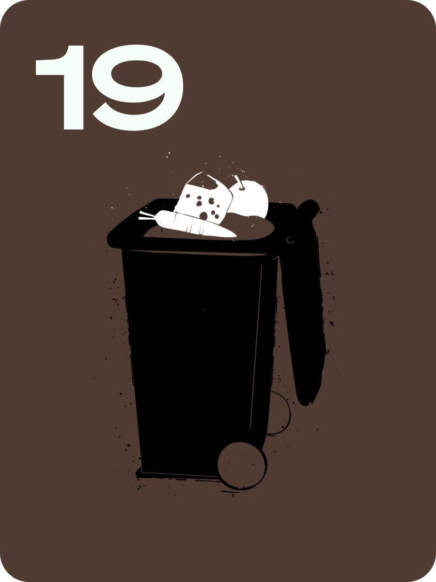 Graphic of a black trash can with a white cat resting on top, on a brown background; 19.