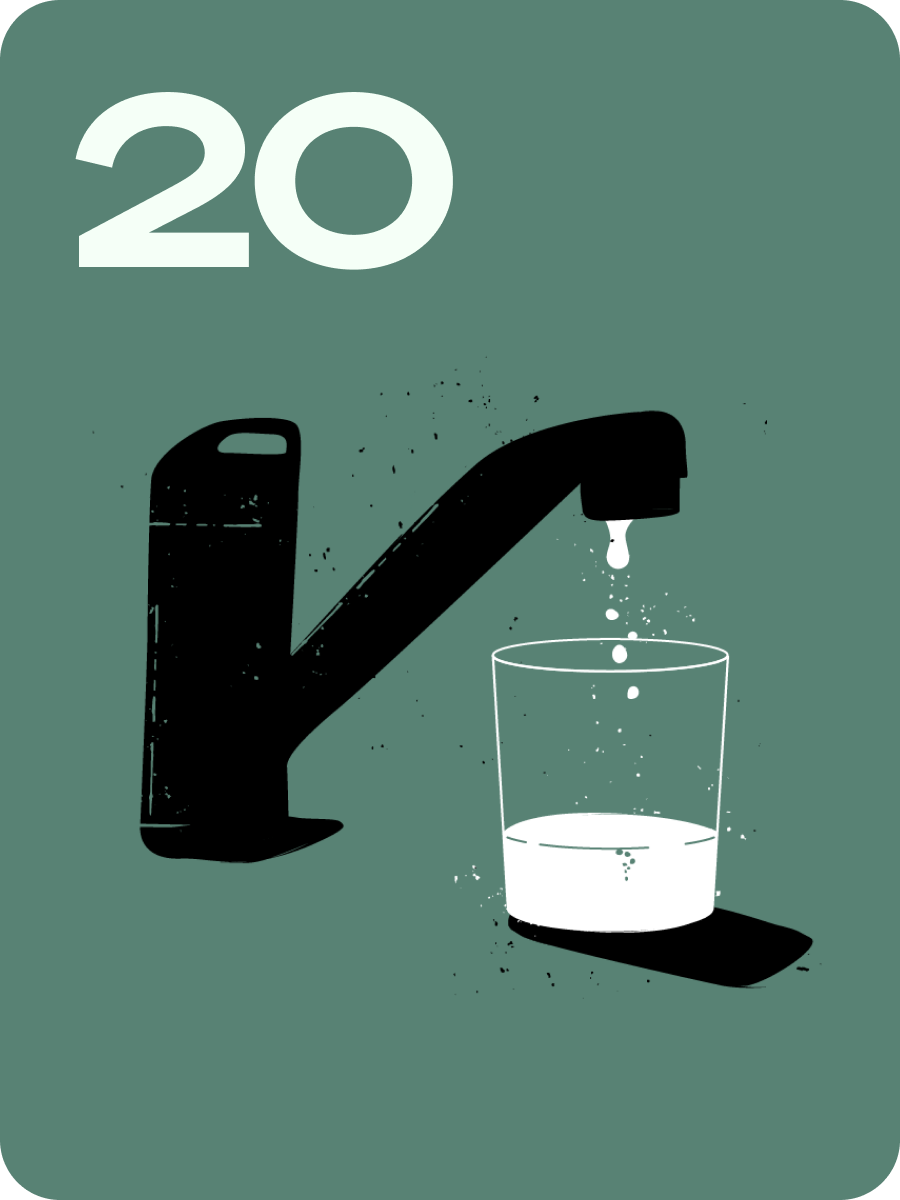 Graphic on green background showing '20k' with a faucet pouring into a glass.