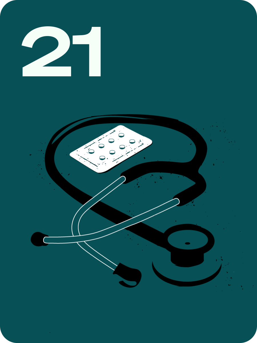 Stethoscope and a perforated card on a teal background; item number 21.