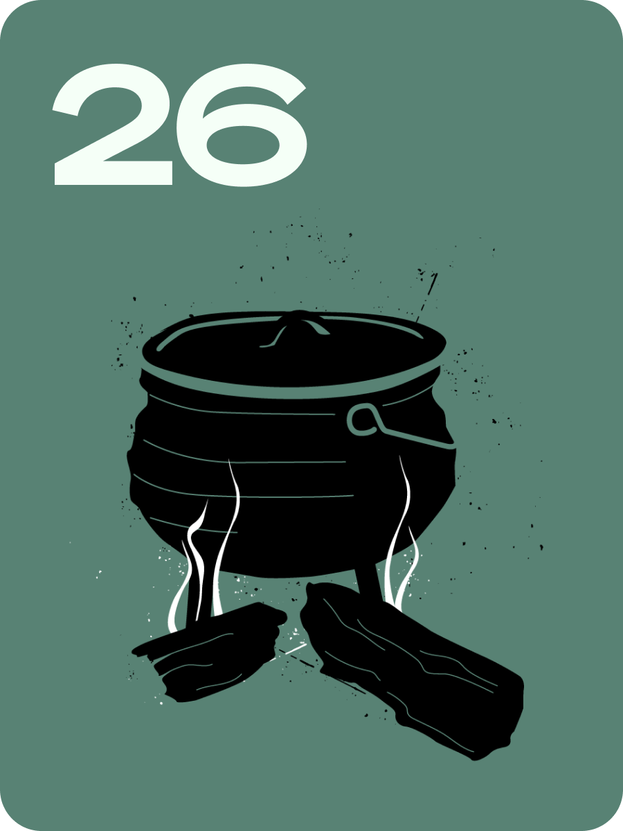 Cracked black oil drum with white streaks and shards on a green background; 26 in corner.