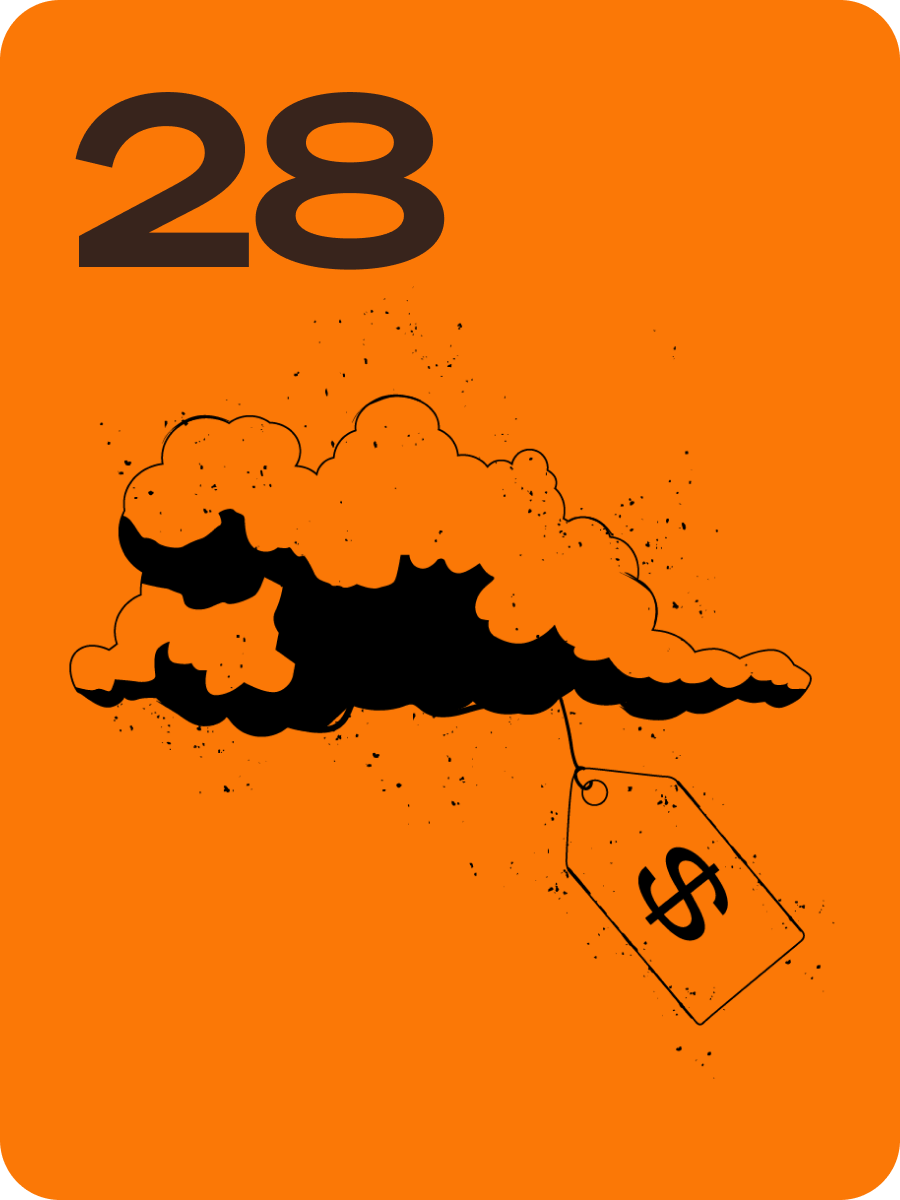 Orange square with bold 28 and a black cloud silhouette attached to a hanging price tag.