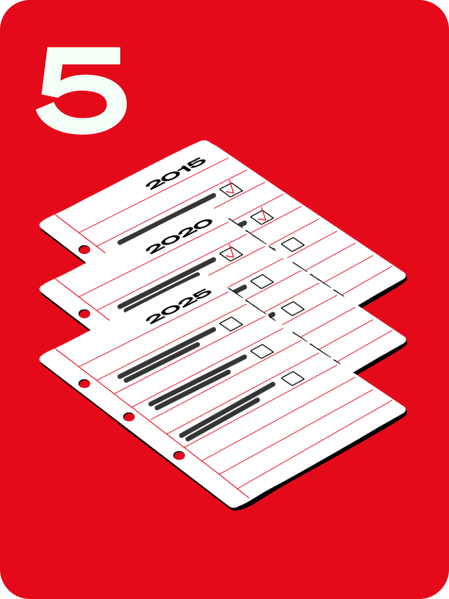 Graphic on red background: a tilted stack of receipts with a large white 5.