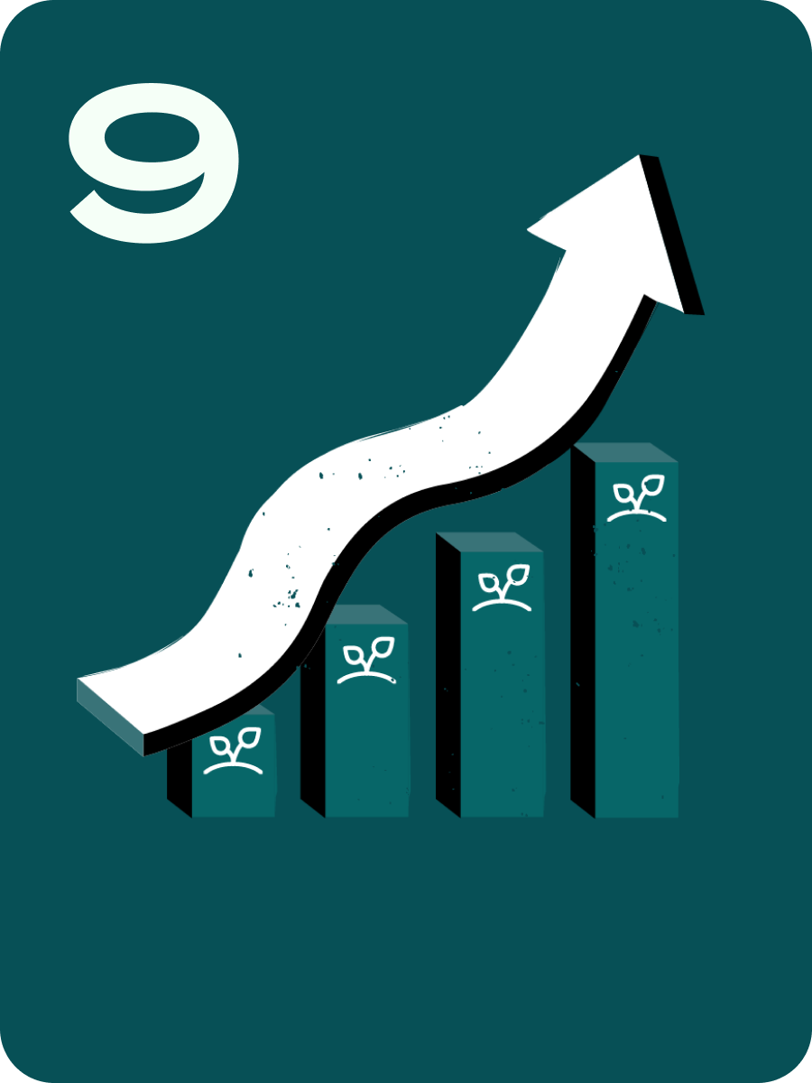Graphic of a rising growth chart with a white arrow over teal bars topped with plant sprouts.