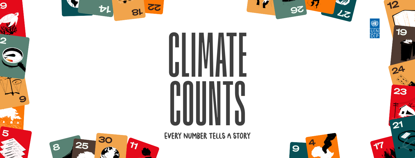 Poster displaying 'Climate Counts' with a colorful border of flag banners.
