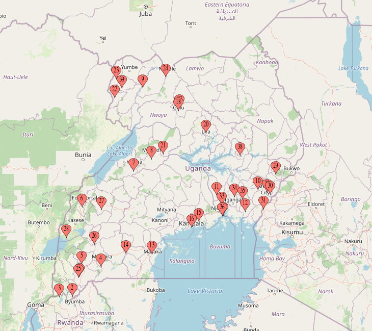 Map with many red location pins scattered across a lake-filled region.