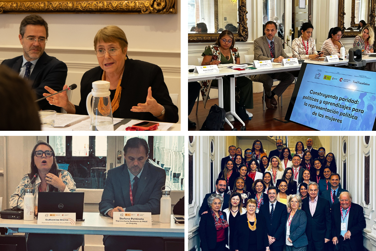 Collage of four photos: coffee meeting, boardroom presentation, podium talk, group photo.