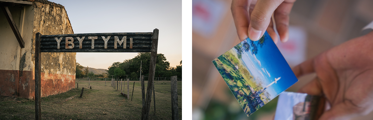 Split image: left a rustic gate over a dirt path with a BYTIME sign; right hands paying with blue card.