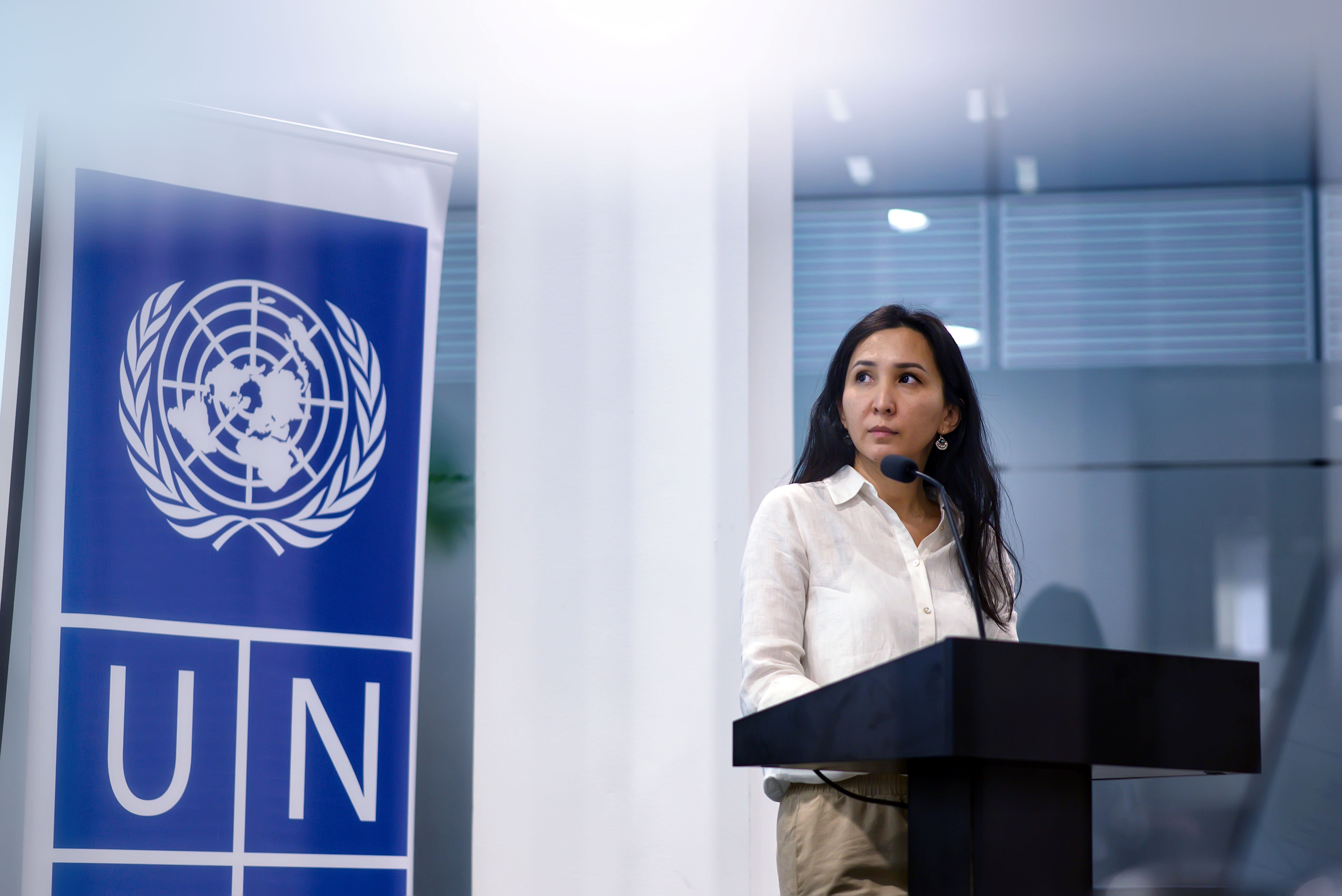 Photograph of a woman speaking at a podium beside a UN banner.