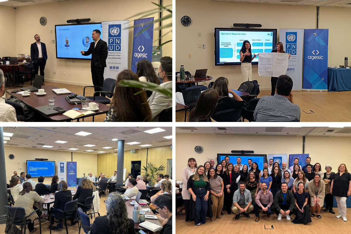 Four-photo collage from a workshop: presenters at screens, attendees at tables, and a group portrait.