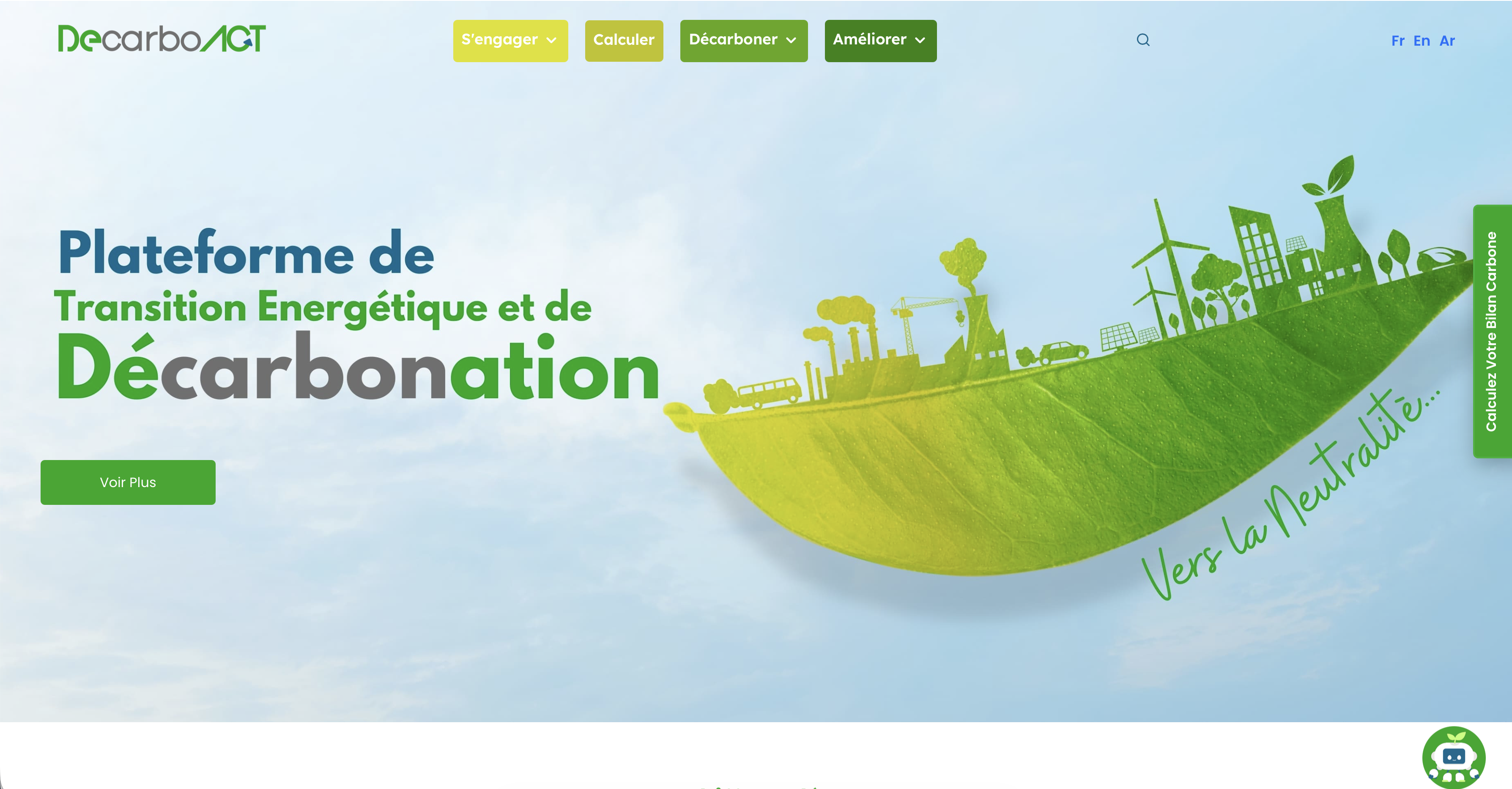 Banner for the energy transition and decarbonization platform featuring a green leaf and city skyline.