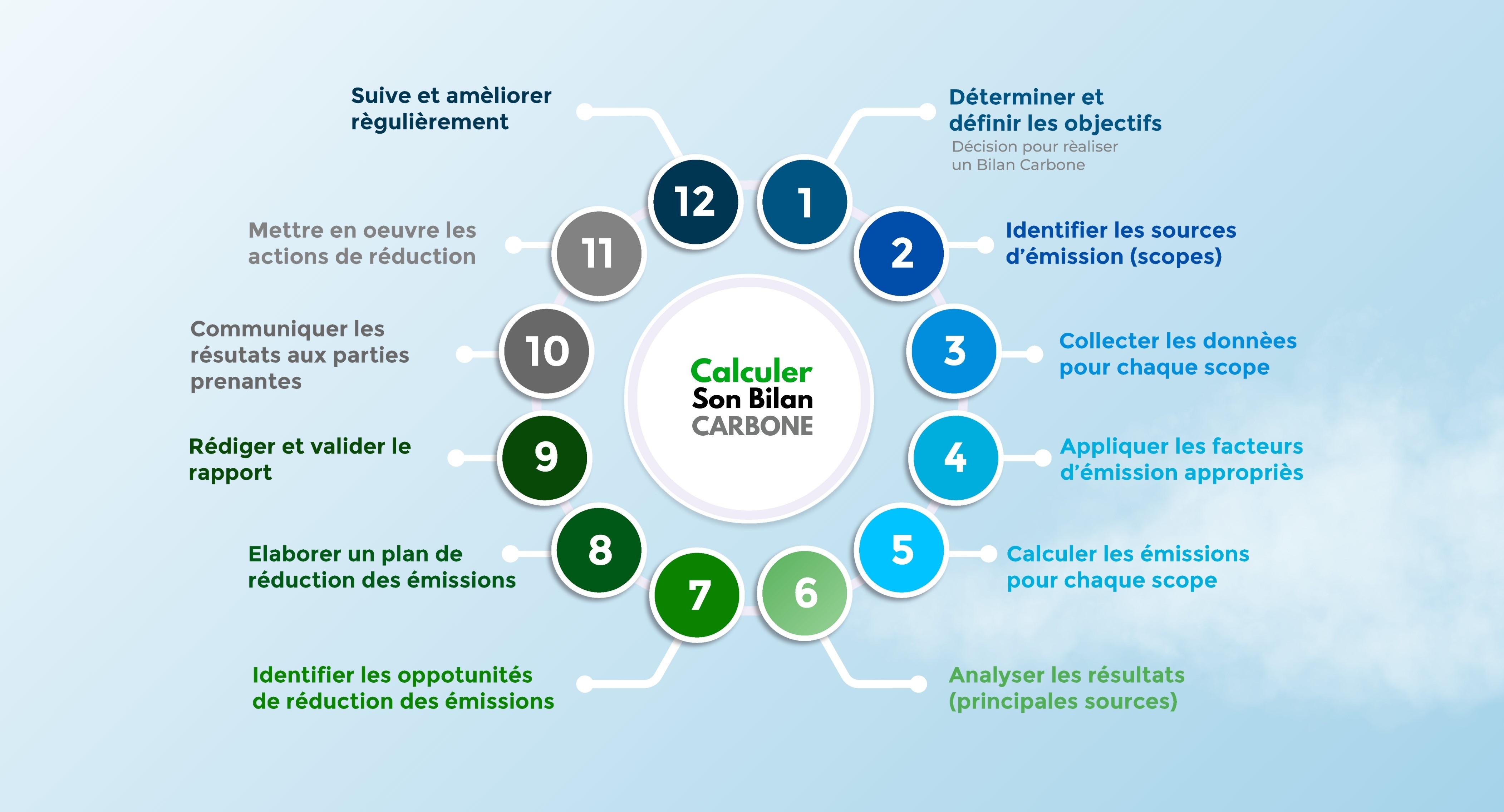 Circular infographic with a green center hub and twelve outer segments on a light blue gradient.