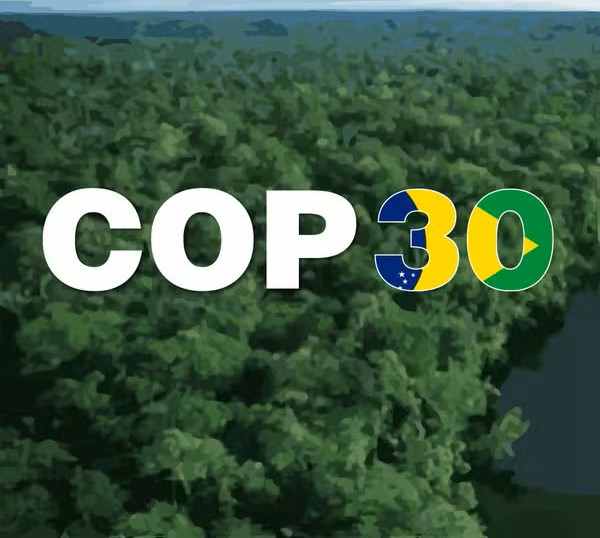 Logo: COP30 over a forest backdrop.
