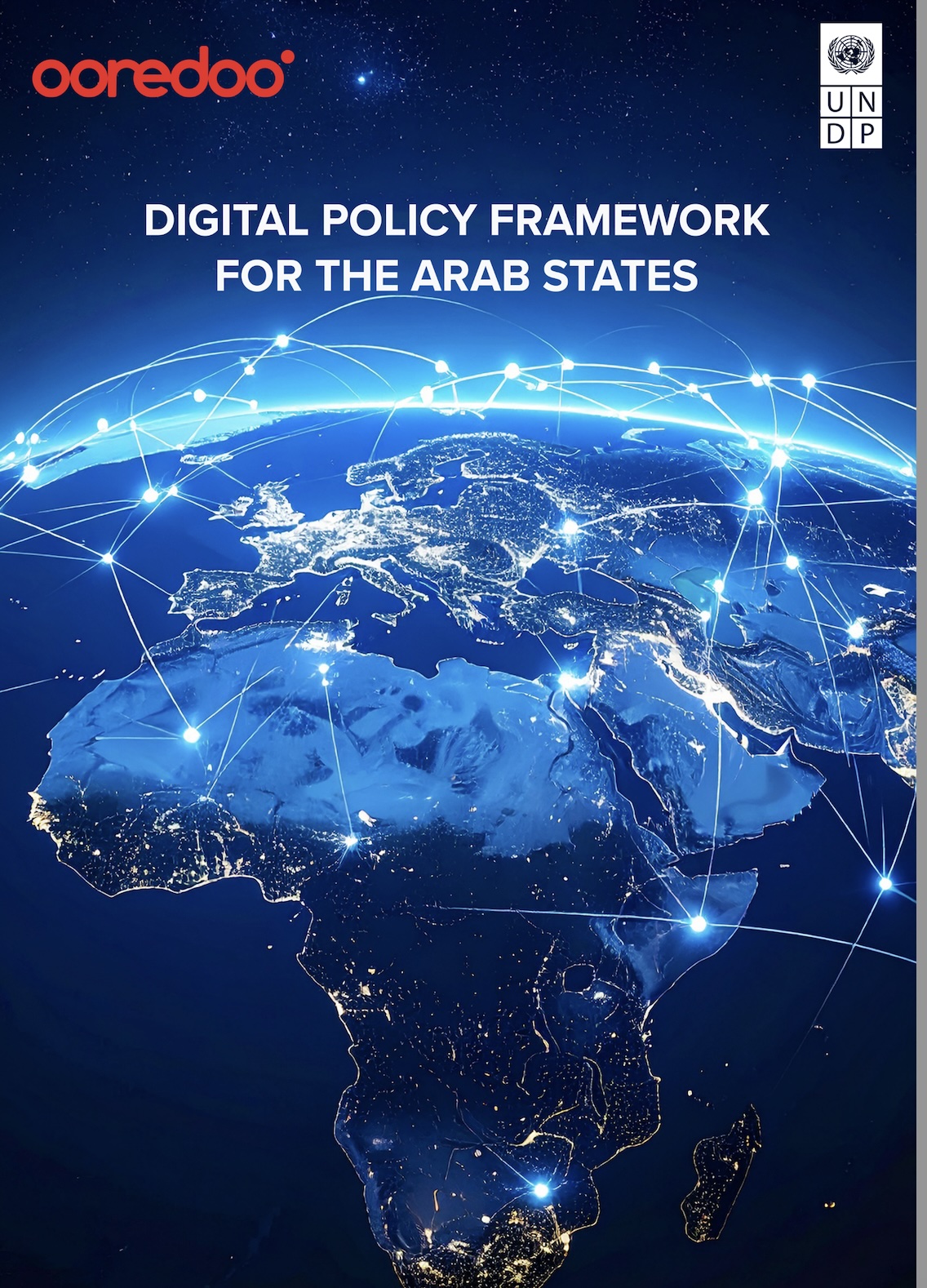 Blue globe with network lines; title Digital Policy Framework for the Arab States; Ooredoo logo.