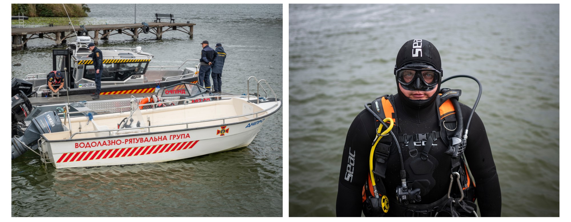 Two-panel photo: a white boat with a red stripe by a dock, and a diver in a black drysuit.