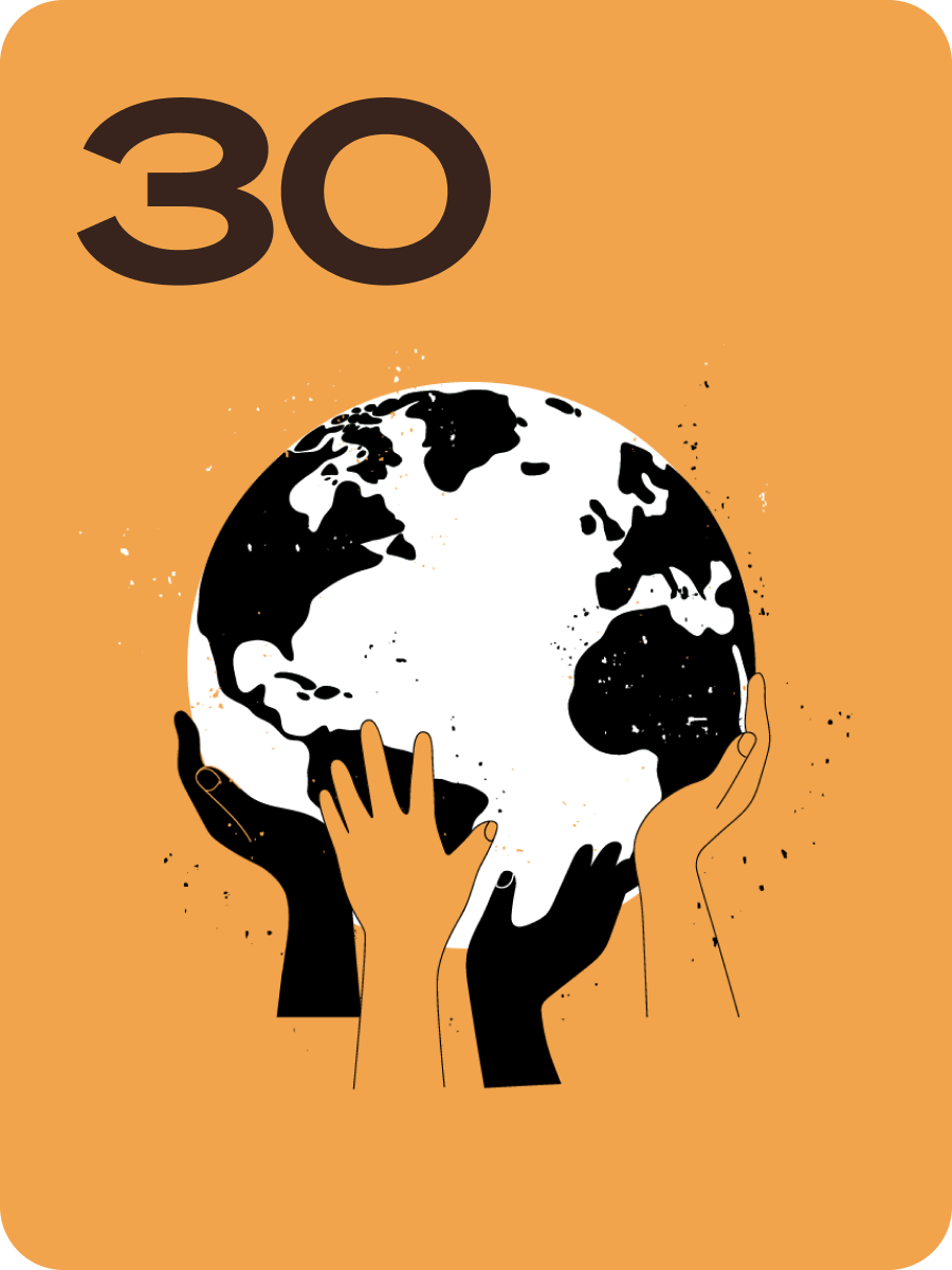 Graphic badge showing two black hands holding a globe on an orange background, with the number 30.
