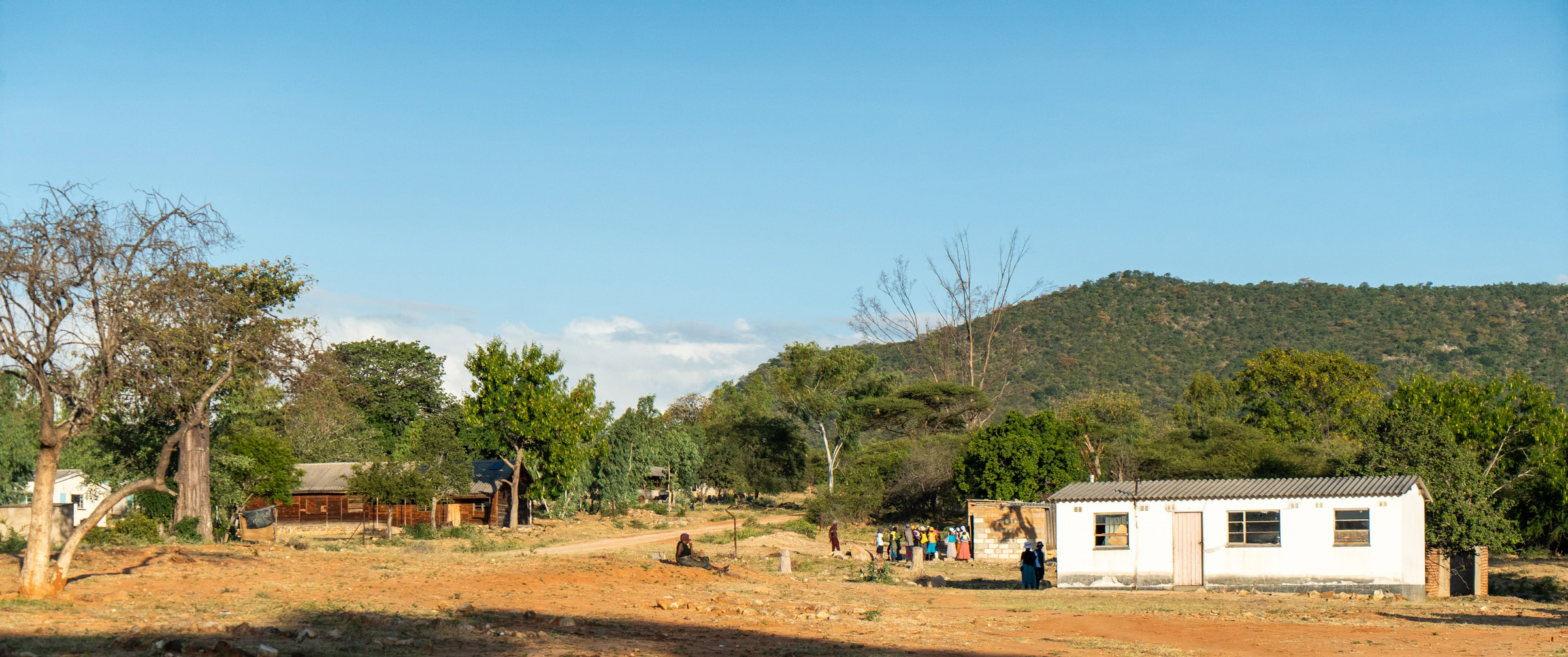 Sunlit rural landscape with a white building, scattered trees, and distant hills under a blue sky.