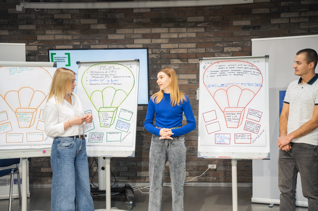 Photo: three people presenting beside flip charts with lightbulb diagrams.
