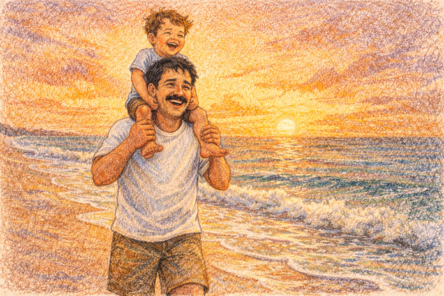 Man on a sunset beach with a child on his shoulders.