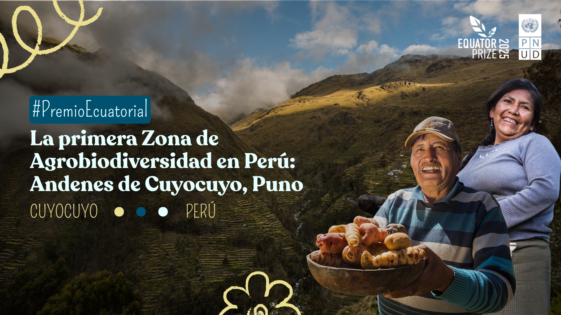 Two smiling people in Andean hills hold bread in a Peru agro-biodiversity banner.