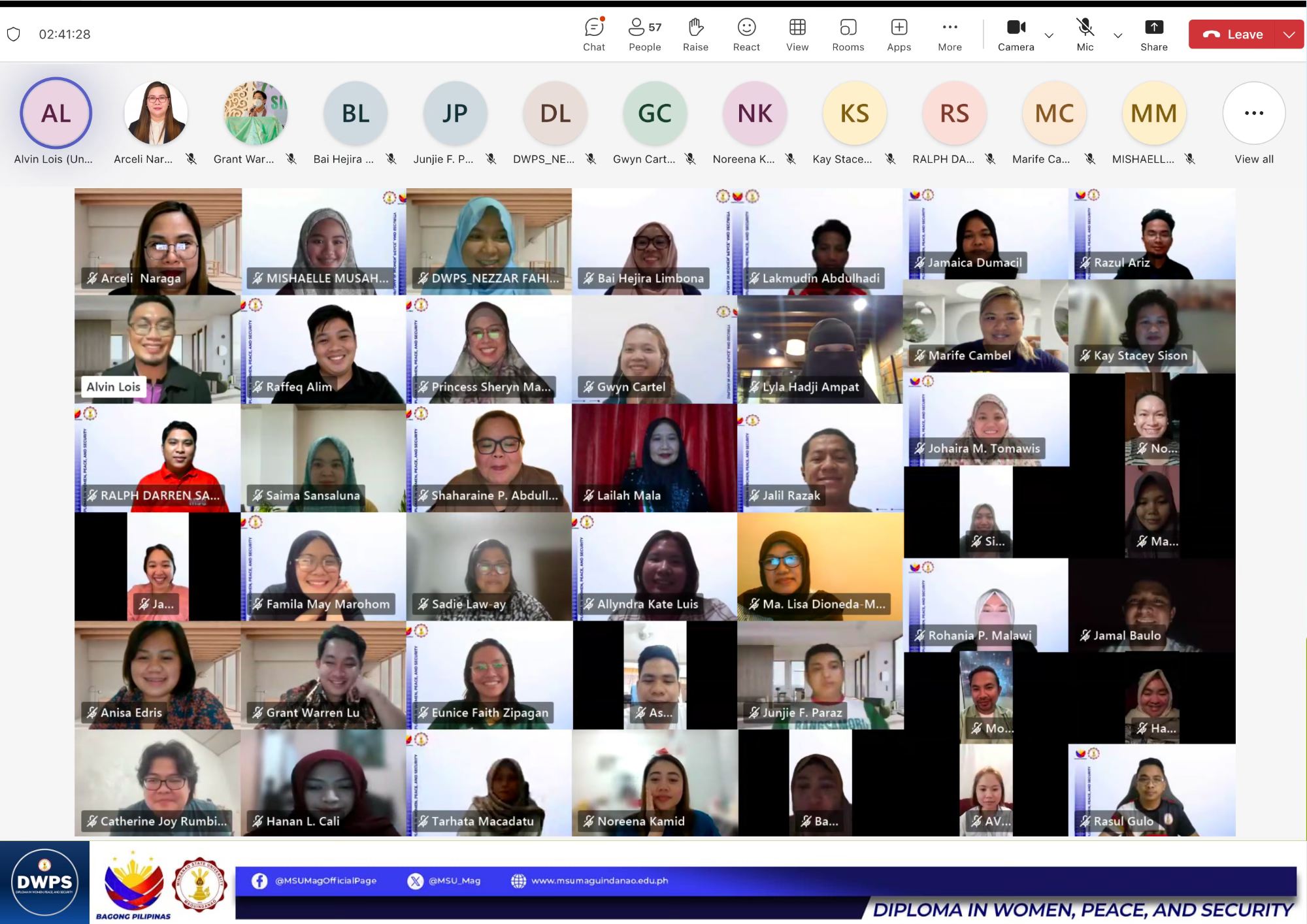 Grid-view Zoom meeting with numerous participants.One of the online classes for the Diploma in Women, Peace and Security (DWPS), held on weekends over 14 months.