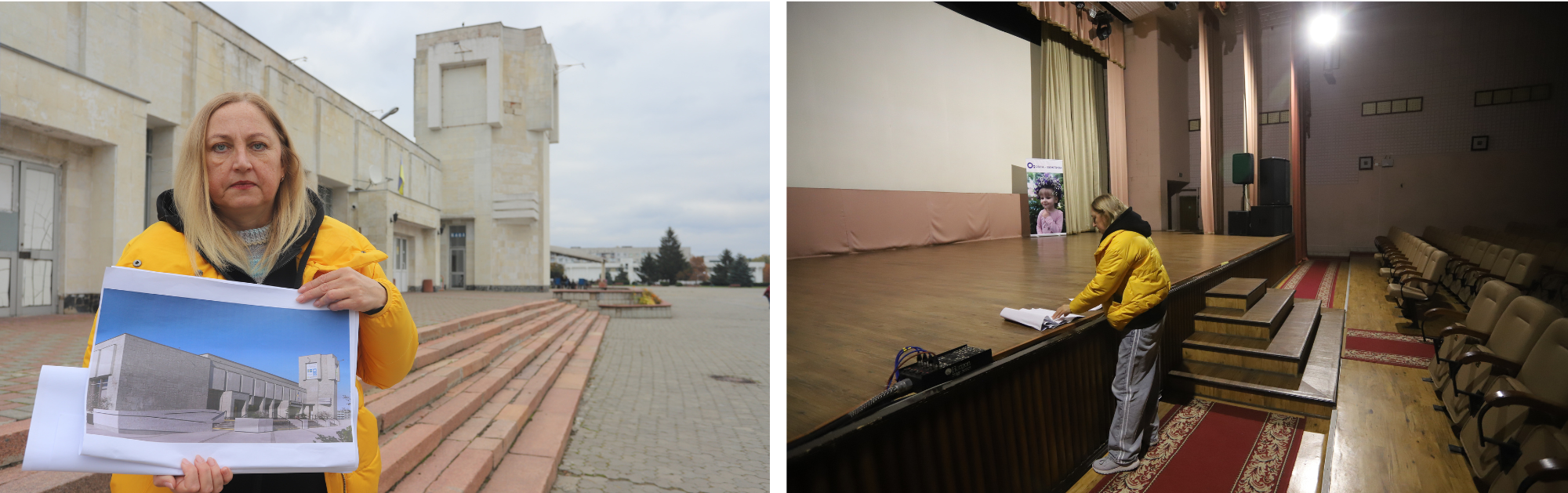 Two-panel: left, blond person holds sign near a castle; right, person in a hallway.