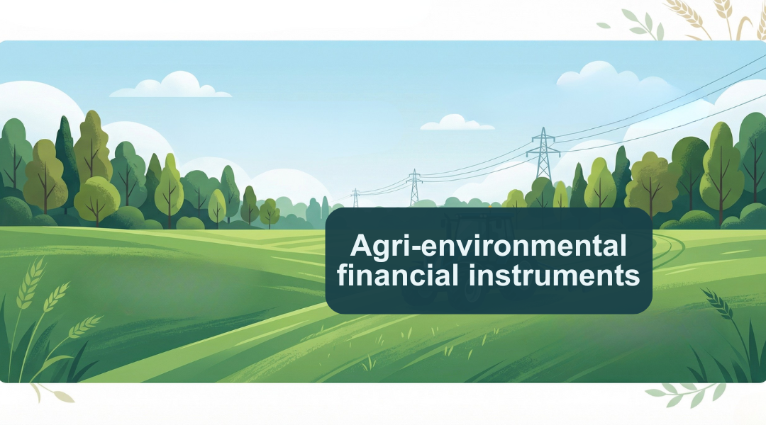 Illustration of rolling green hills, trees, and a sign reading Agri-environmental financial instruments.
