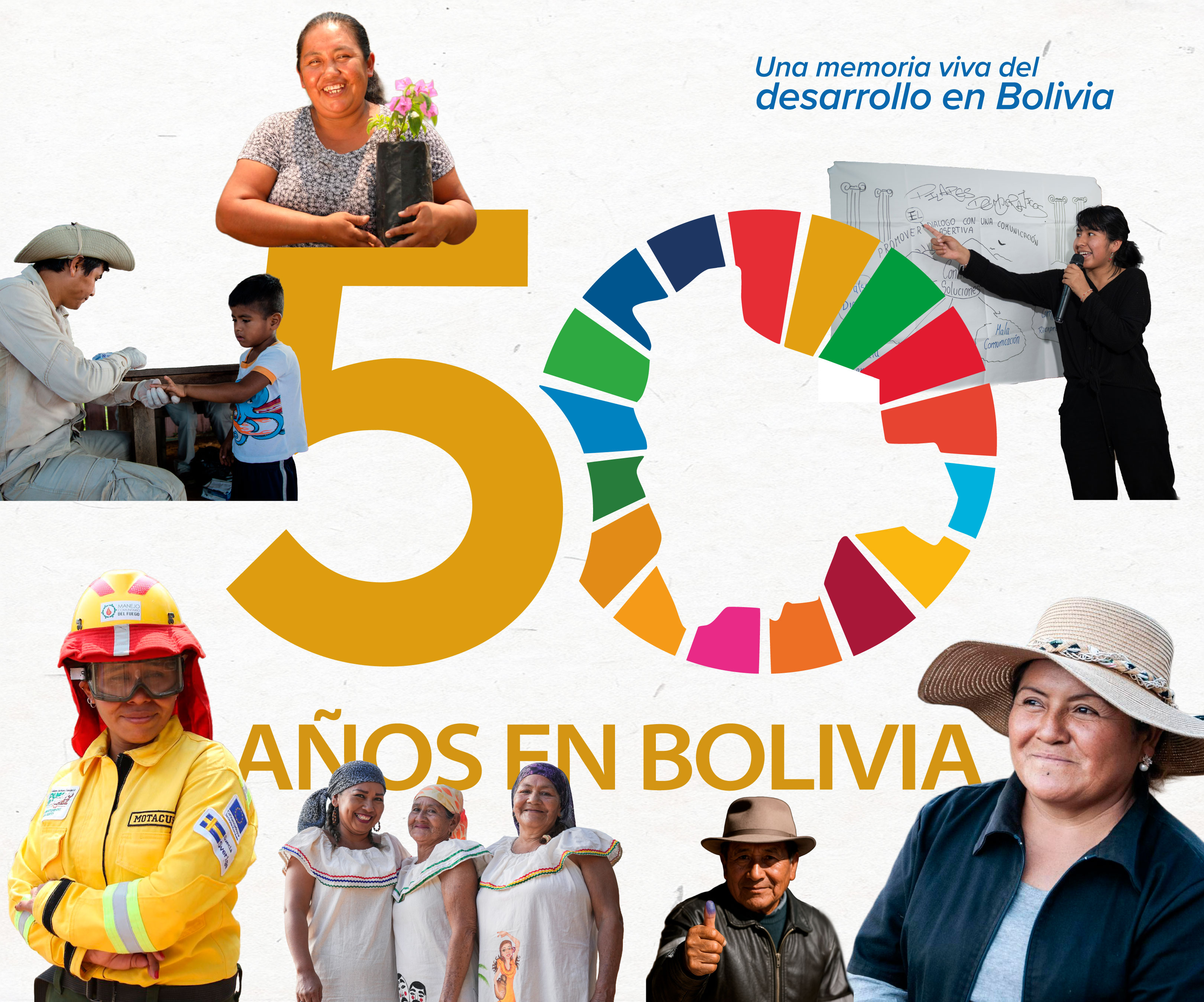 Collage celebrating 50 years in Bolivia with colorful SDG wheel and diverse people.