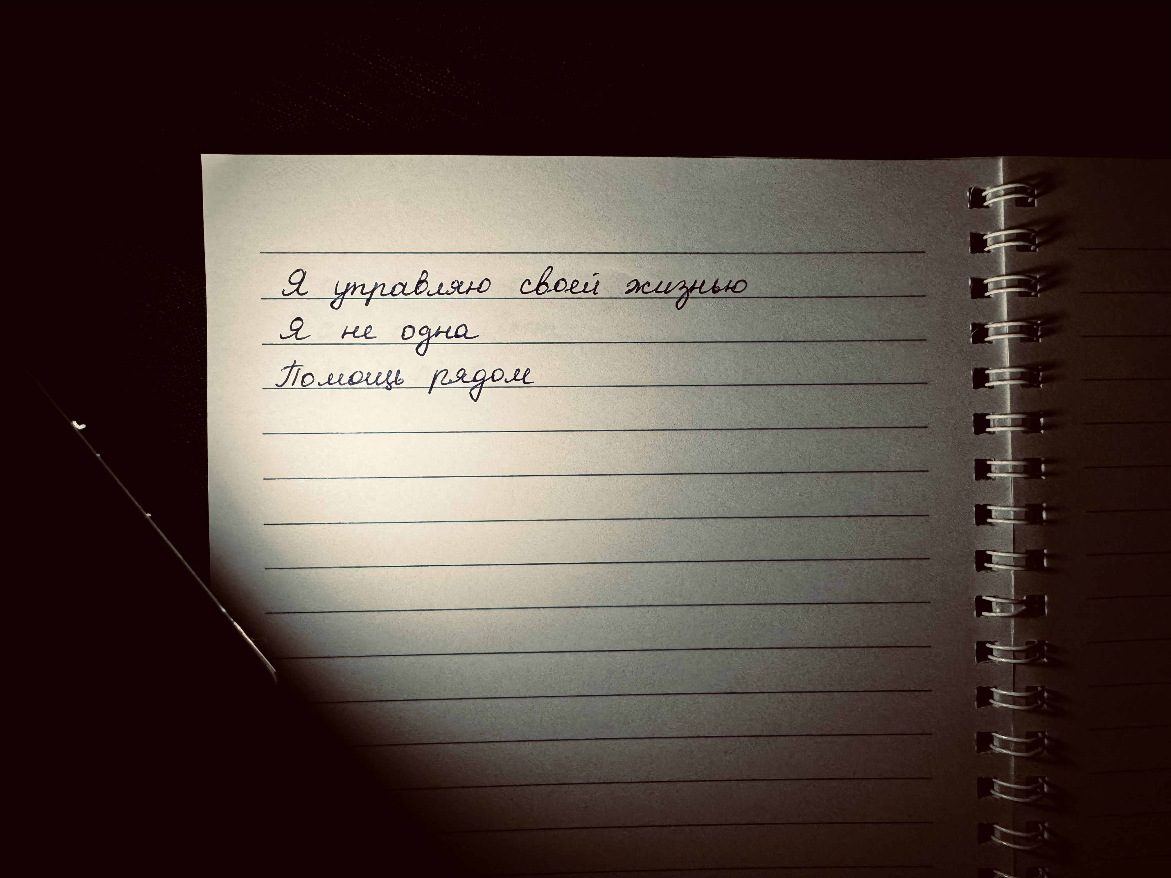 Spiral notebook page with blue handwriting on lined paper, lit from bottom left.